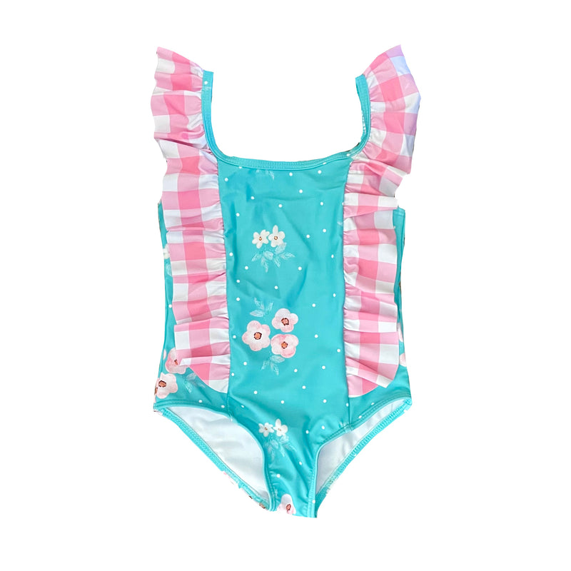 Teal & Pink Ruffle One Piece Swimsuit